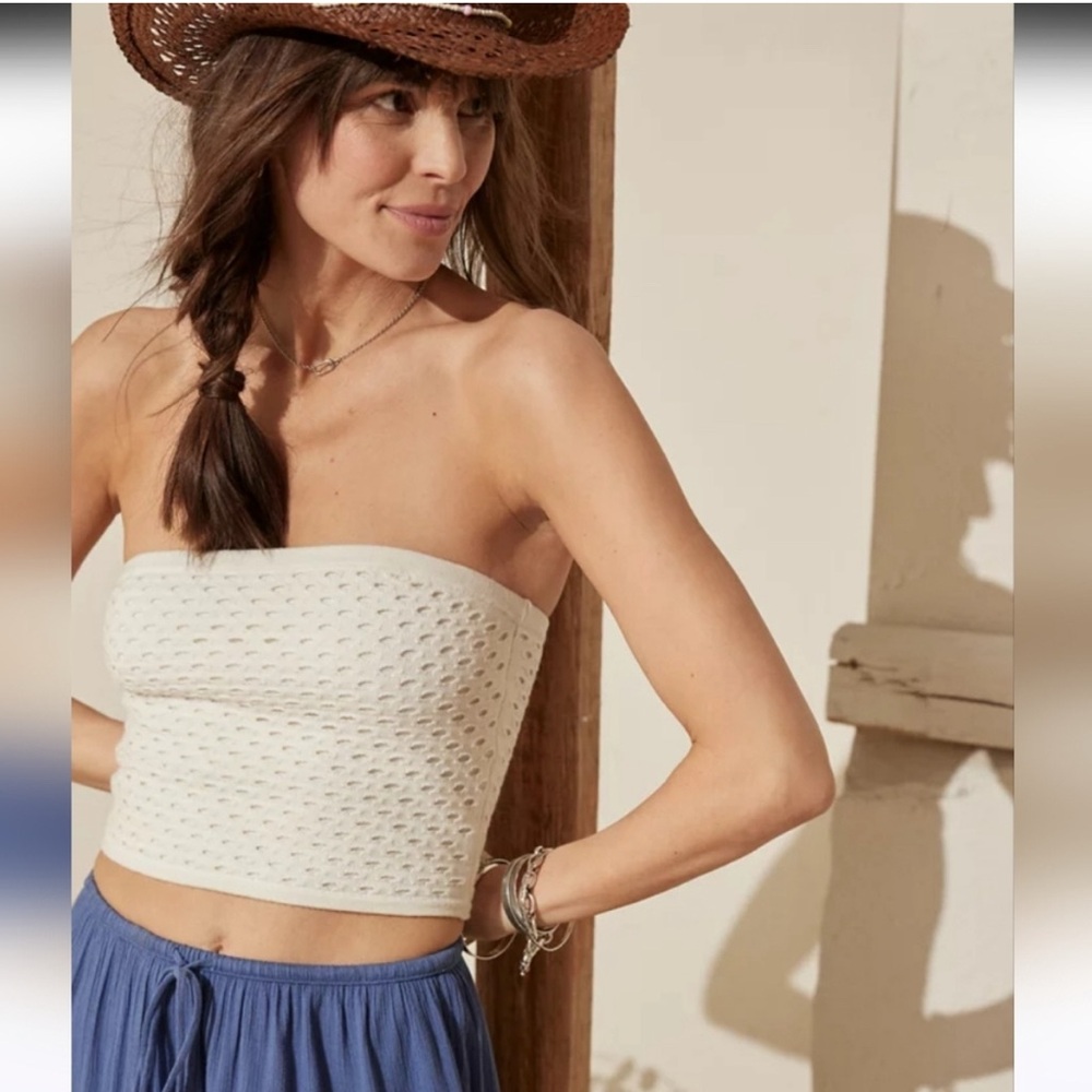 Aerie Crochet Eyelet Knit Strapless Knit Tube Top Cream Off White XL